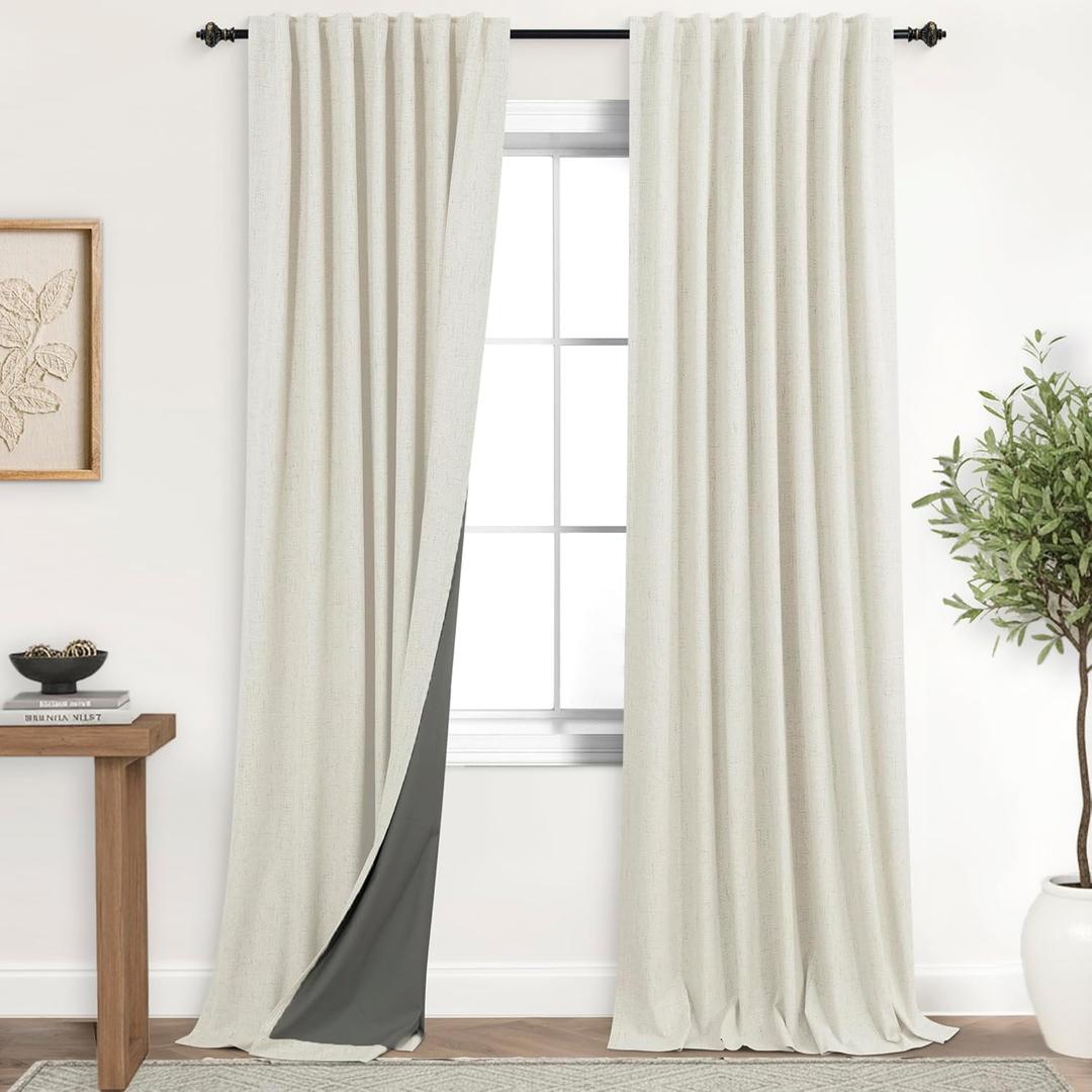 Linen 100% Blackout Black Out Curtains 96 Inch Long 2 Panel Set, Floor to Ceiling Curtain for Living Room, Rustic Pottery Textured Sliding Barn Door Curtain Drapes Bedroom Furniture Decor Cream Beige