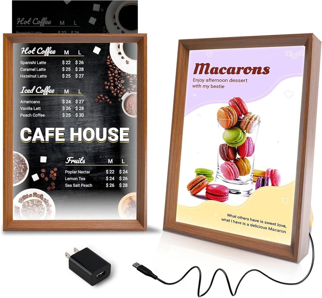 A4 Size LED Acrylic Sign Holder with Walnut Wood Base Frame, Light Up Menu Board Stand, Backlit Poster Display Light Box for Restaurants, Bars, Offices