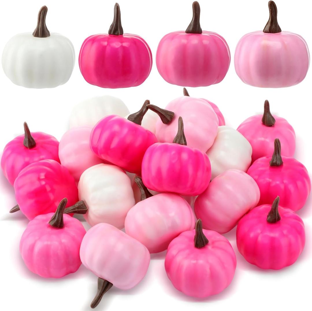Thyle 24 Pcs Mini Artificial Pumpkins Bulk Fall Foam Pumpkins Thanksgiving Fake Harvest Ornaments Decoration for Autumn Halloween Party Centerpiece Home Decor Crafts (Pink Series)