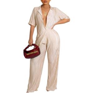 Ekaliy Women's 2 Piece Casual Pleated Outfits Short Sleeve Button Down Shirt High Waist Wide Leg Trouser Sets Suit Beige L