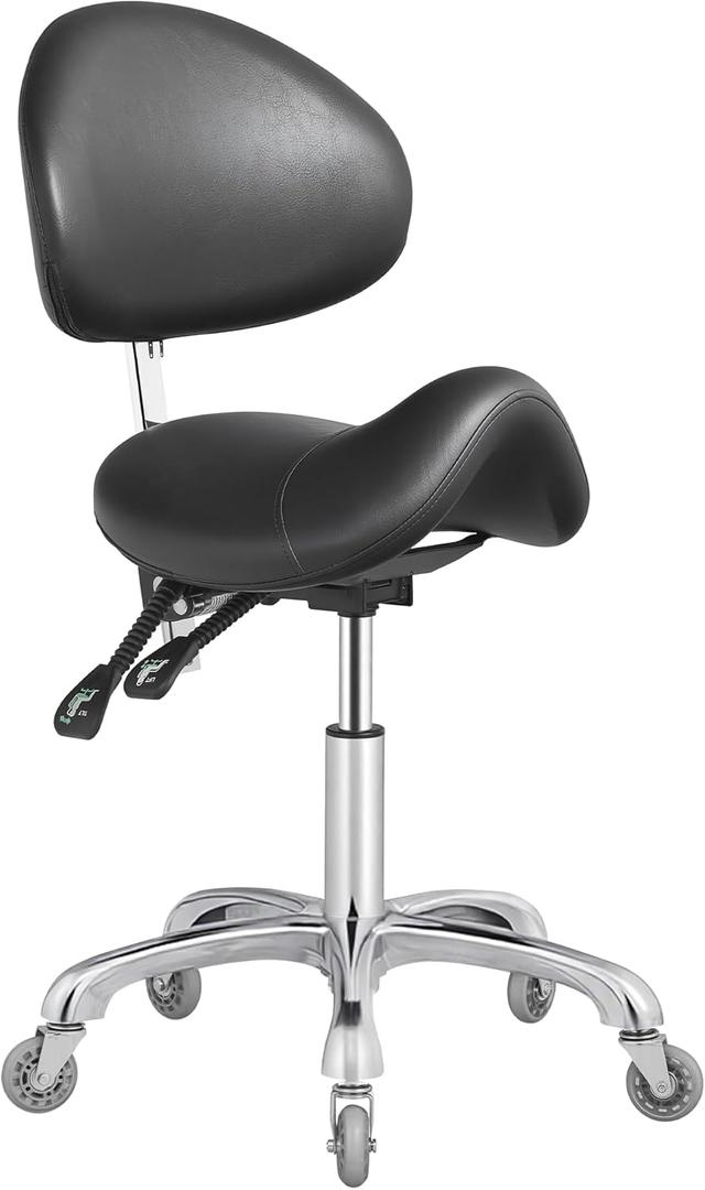 Ergonomic Saddle Stool with Adjustable Height & Backrest, 360 Swivel Rolling Wheels for Office, Dental, Salon Spa, Tattoo - Support for Estheticians, Stylists & Professionals