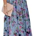 BLENCOT Womens Casual Boho Floral Printed V Neck Short Sleeve Long Evening Dress Ruched Cocktail Party Maxi Wedding Dress (Blue, XL)