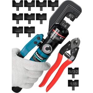 AMZCNC Hydraulic Crimping Tool Kit - with 9 US Standard Copper Cable Dies (12AWG to 2/0AWG), 2 Stainless Steel Wire Rope Dies for 1/8" and 5/32" and 5/32" Stainless Steel Cable Cutt