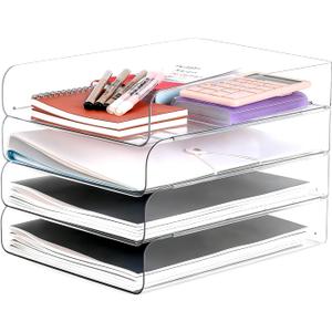 Stackable Letter Tray Desk Organizer, Set of 4 Clear PET Paper & File Organizers, Document Storage for Office Supplies