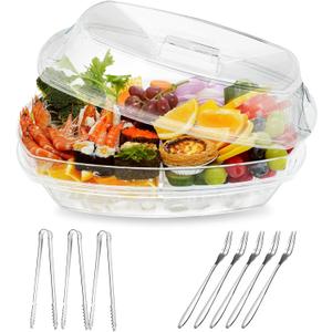 Chilled Ice Serving Tray, 15.1" Ice Chilled Party Platter, 3 Layers Veggie Platter with Lid, Stackable Appetizer Party Platter with 4 Compartments for Shrimp, Fruits, Veggies