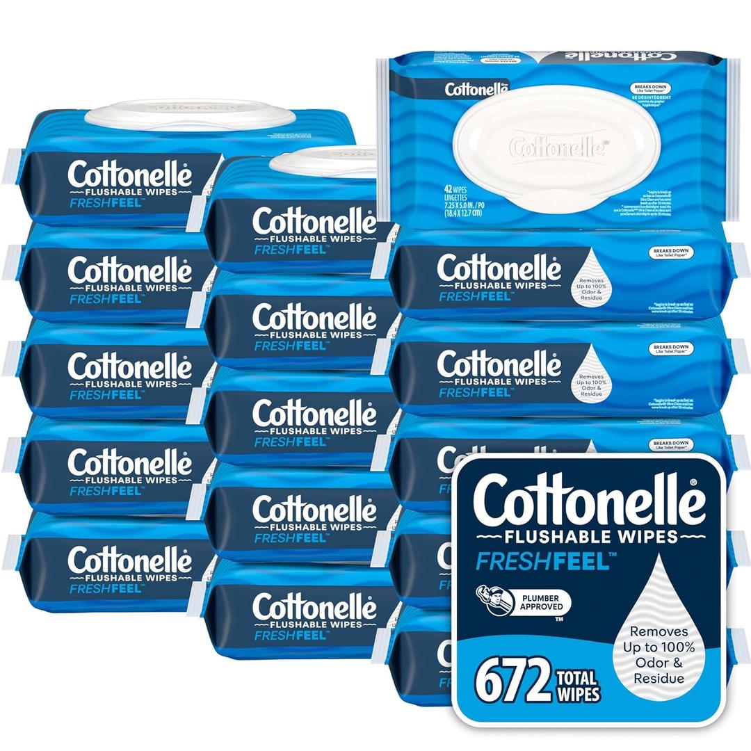 Cottonelle Fresh Feel Flushable Wet Wipes, Adult Wet Wipes, 16 Flip-Top Packs, 42 Wipes Per Pack (672 Total Wipes)