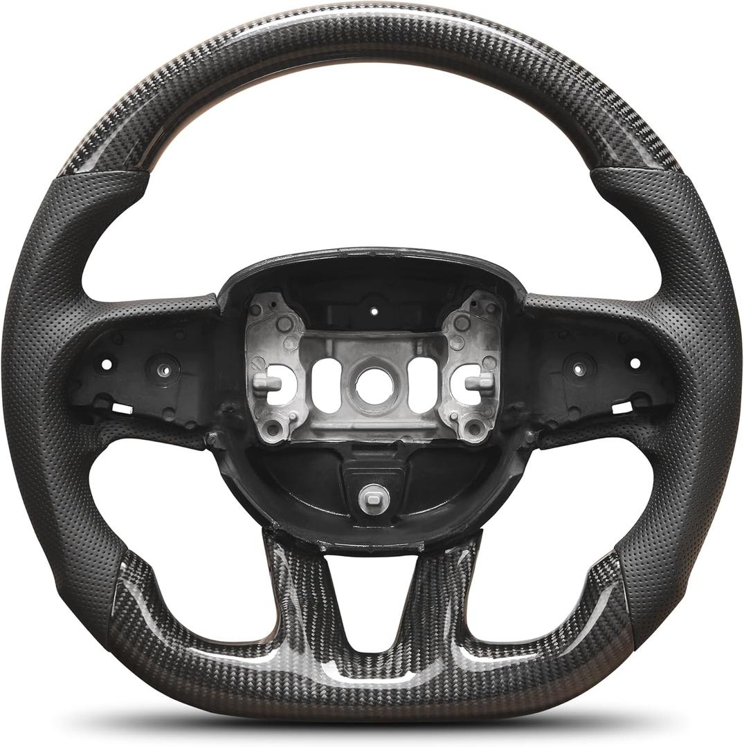 Carbon Fiber Steering Wheel for Dodge Charger, Challenger, Durango, Jeep Grand Cherokee SXT/GT/RT/SRT/Hellcat 2015-2020, D-Shape Flat-Bottom, Nappa Perforated Leather, Hand-Stitched Grip