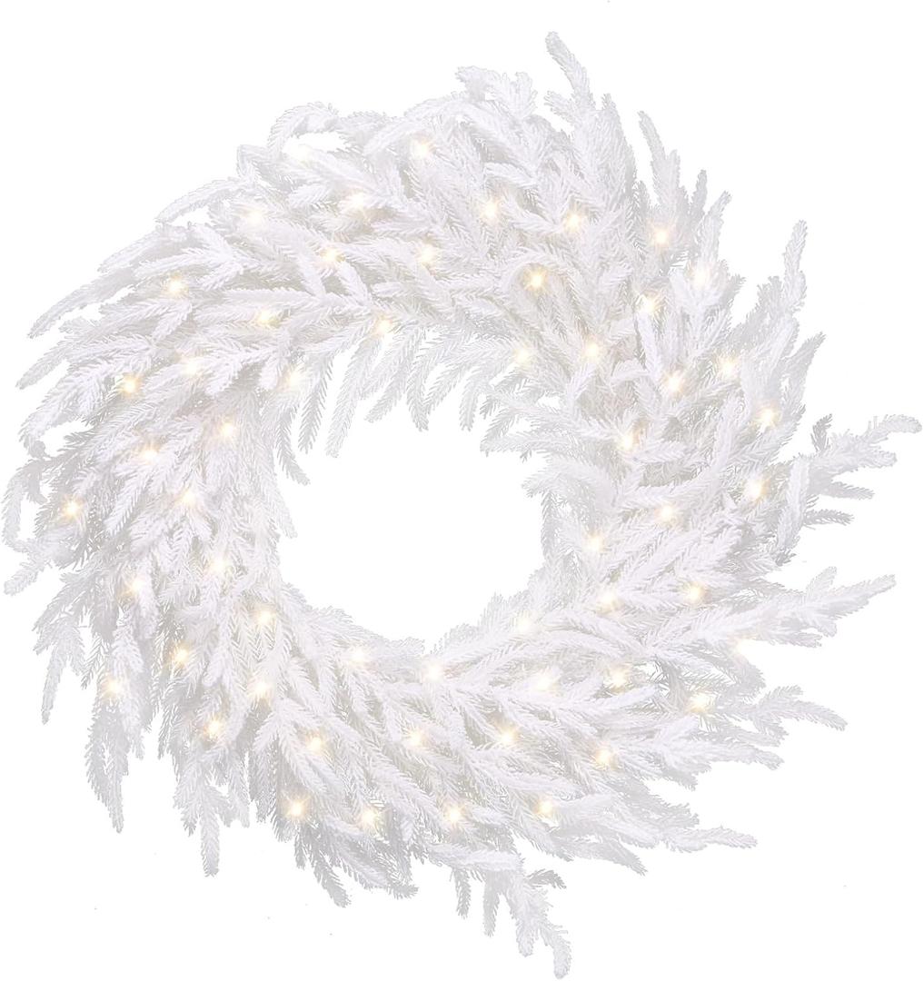 Prelit White Wreath for Front Door 50LED Real Touch Norfolk Pine Wreath Artificial Faux Pine Realistic Holiday Decoration for Home Decor (White)