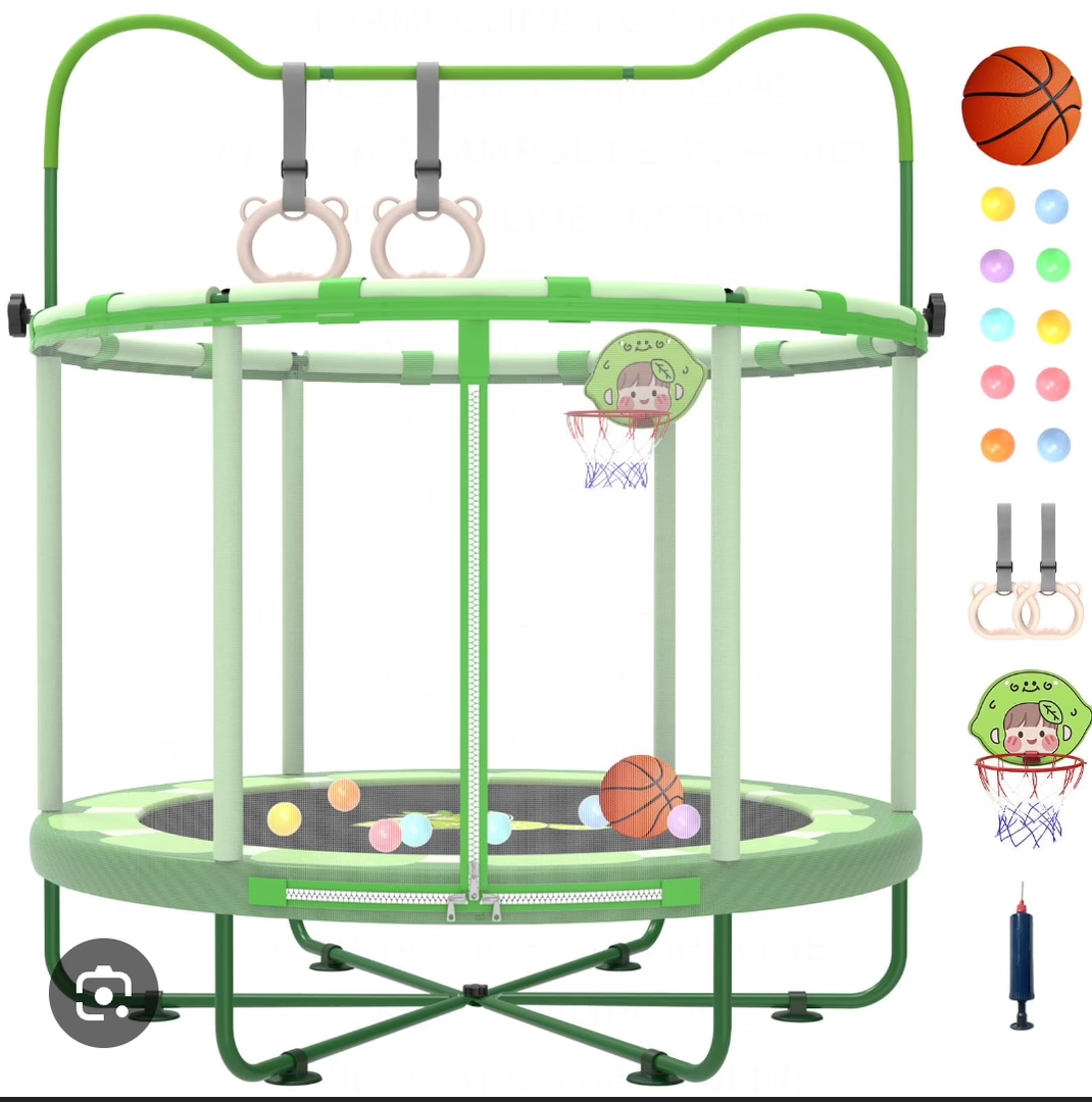 Gardenature 60" Kids Trampoline Indoor, 5ft Toddler Mini Trampoline with Basketball Hoop, Gymnastics Bar, Rings, Christmas Toys Birthday Gifts for Girls Boys Age 3-8
