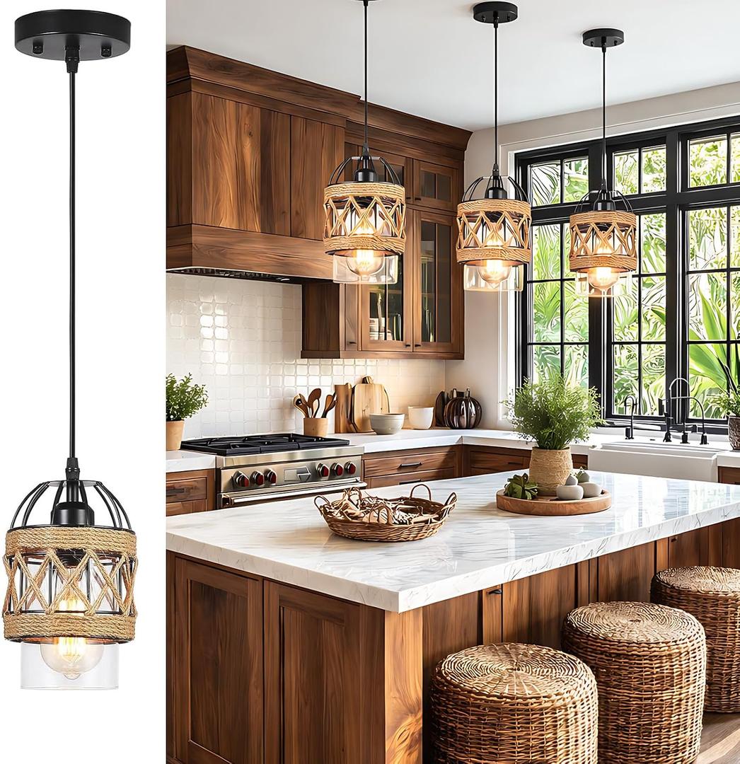 Black Farmhouse Boho Kitchen Island Pendant Light,Hand-Woven Rattan Pendant Lighting with Metal Cage Clear Glass Shade,Coastal Wicker Small Hanging Light Fixture Bedroom Dining Room Decor