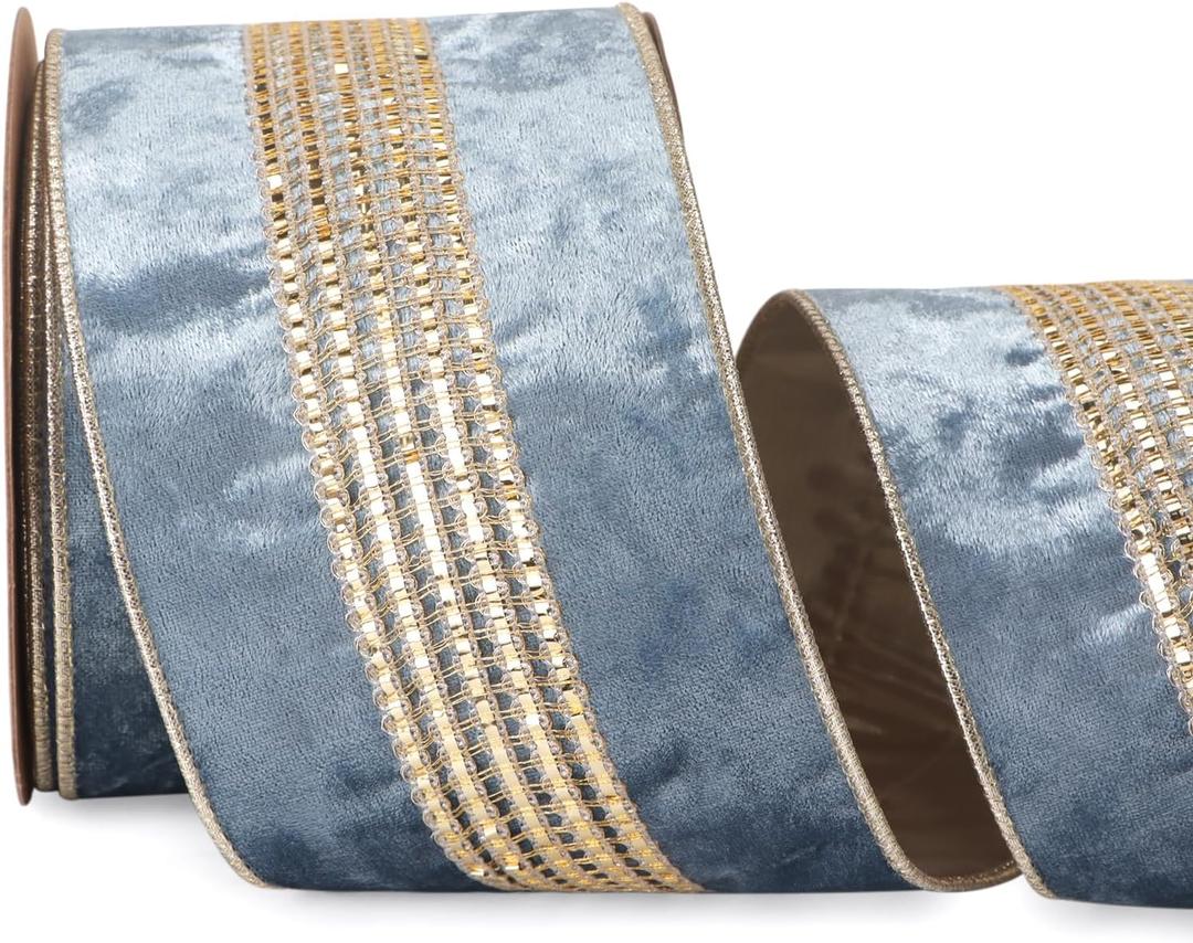 Ribbli Dusty Blue Velvet Wired Ribbon with Luxurious Glittering Stripe 4 Inch Christmas Ribbon for Tree Gift Wrapping Wreaths Garland Topper Bows Crafts Home Decor -10 Yards