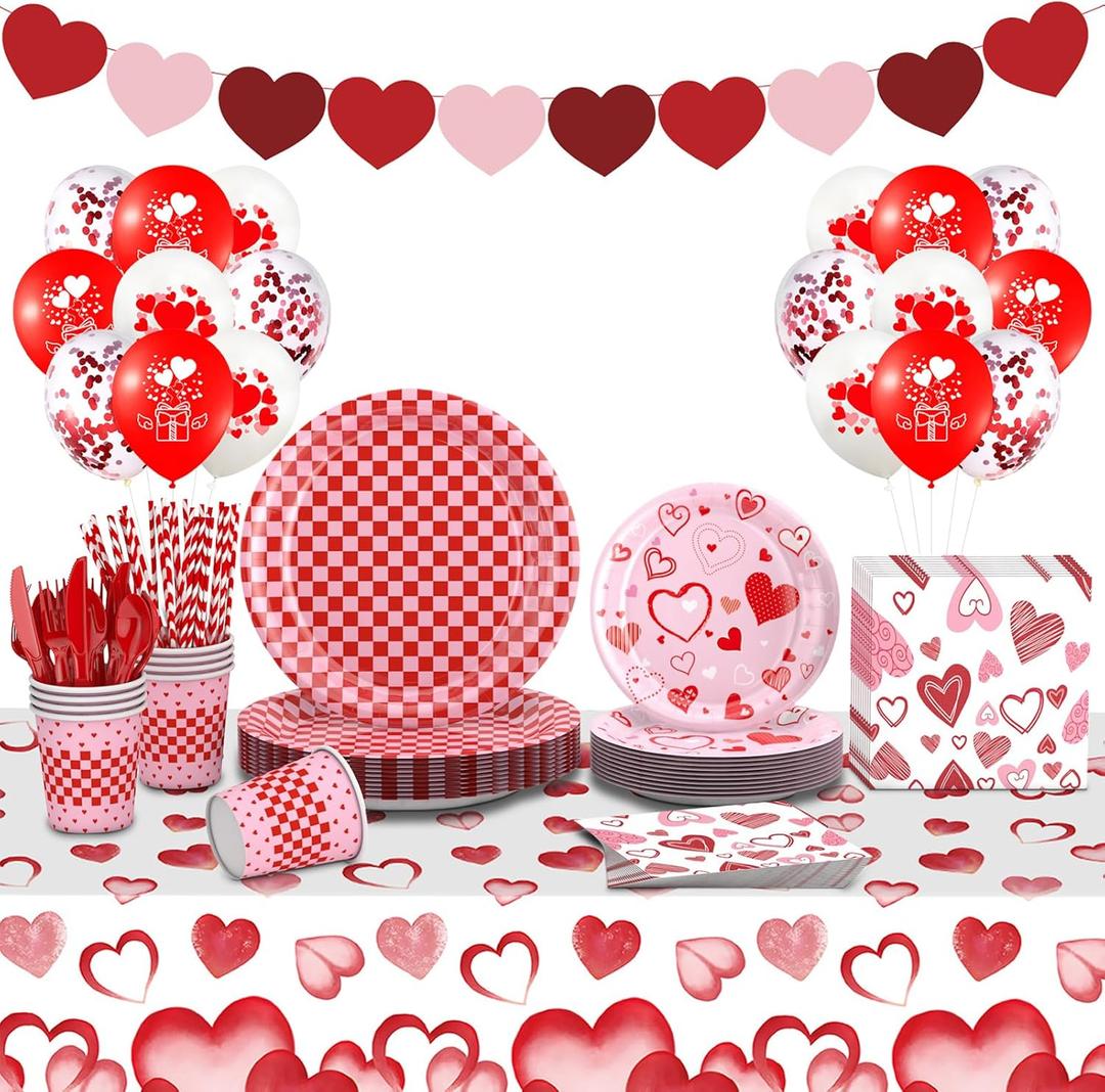 146Pcs Valentine's Day Party Tableware Set, Red Heart Love Disposable Paper Plates, Pink Plaid Plates and Cup Napkin Balloon for Girls' Birthday Party, Pink Love Decoration Party, Anniversary, Baby Shower