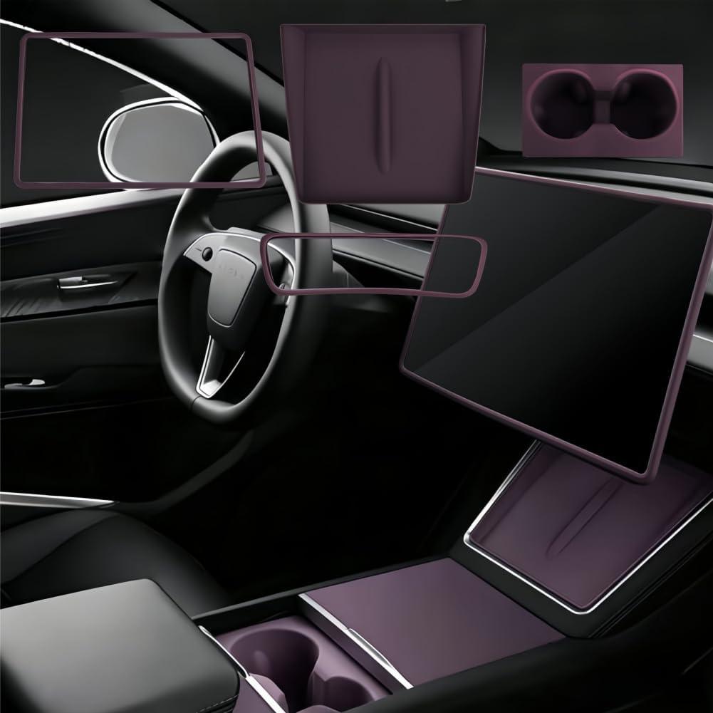 4PCS Silicone Center Console Accessories Kit for Tesla Center Console Mat Cup Holder Insert Screen Edge Protector Frame Mirror Frame Protectors (Deep Purple Model Y Juniper/3 Highland)