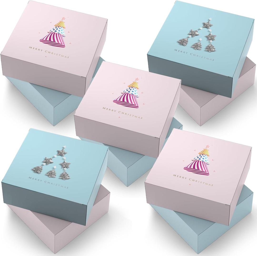 easykart labels 10 Christmas Gift Box 8x8x4 Inch, Holiday Gift Boxes with Lid, Pink & Blue Pastel Colour with Foiling Effect, Boxes for wrapping gift