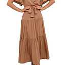 R.Vivimos Summer Dress for Women Cotton Ruffle Short Sleeves V Neck Casual Flowy Midi Dress with Belt (Medium, Brown-Shortsleeve)