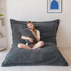 MAXYOYO Giant Bean Bag Chair with Pillow, 3 in 1 Convertible Bean Bag Chair for Adults with Washable Cover, Removable Floor Cushion Stuffed Floor Lounger for Living Room Bedroom, Dark Grey, Full