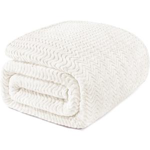 Exclusivo Mezcla Fleece Bed Blanket Queen Size, Lightweight Jacquard for Spring Summer, Soft Cozy Breathable Blankets, Ivory, 90x90 Inches