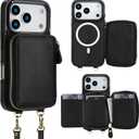 Bocasal for MagSafe Crossbody Wallet Case Compatible with iPhone 17 Pro, RFID Blocking Protective Purse Case with Card Slots Holder Kickstand Wrist Strap Lanyard Zipper 6.3 Inch 5G (Black)