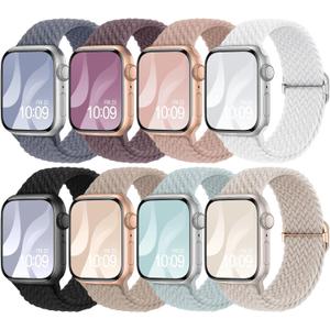 8 Pack Braided Stretchy Solo Loop Compatible with Apple Watch Bands for Women  38mm/40mm/41mm/42mm Men, Adjustable Sport Elastic Strap for iWatch Series 11 10 (Black/Starlight/Succulent/Milk Tea/Nude Pink/Smoke Violet/Blue Gray/White)