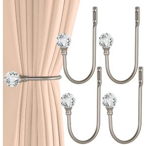 Groleca 4 Pack Heavy Duty U Shaped Metal Curtain Holdbacks Curtain Tiebacks with Clear Crystal Ball Pull Backs Curtain Holders for Drapes (Silver)