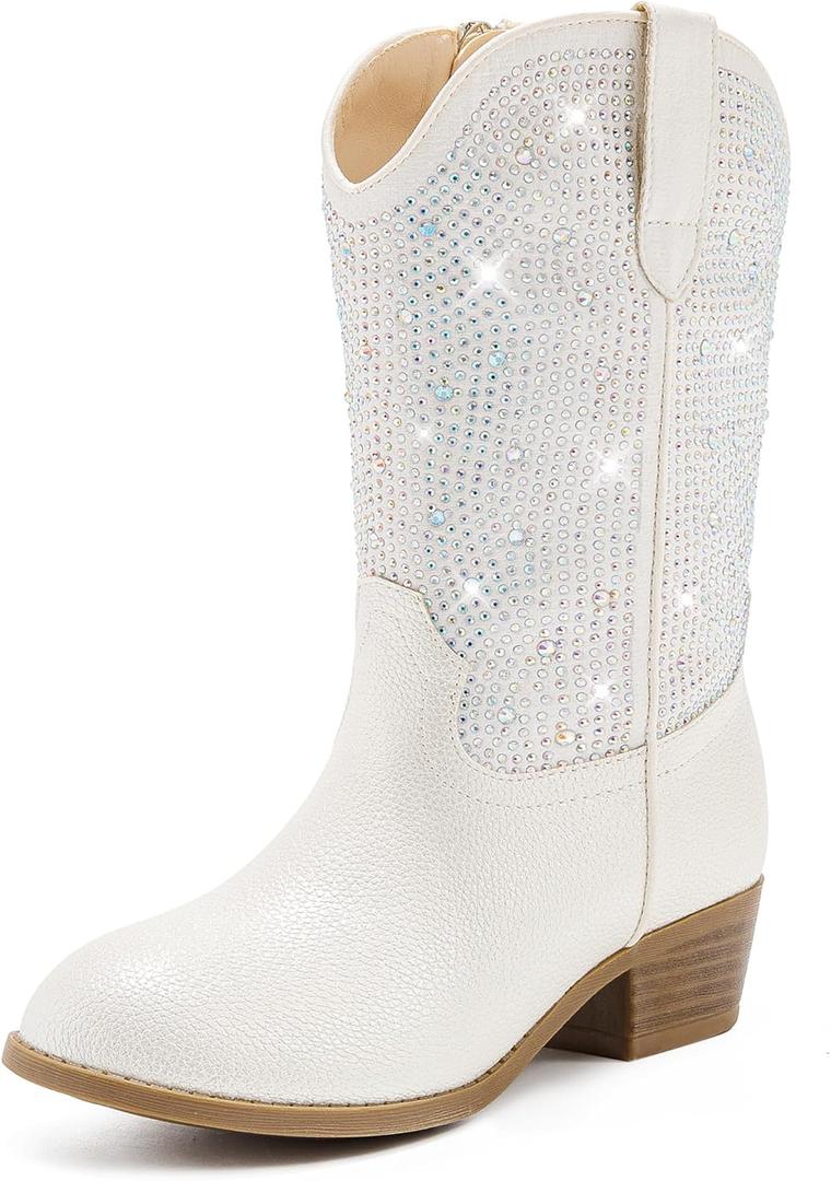 Motasha Girls Boots Rhinestone Little Girls Glitter Boots Sparkle Kids Cowboy Cowgirl Dress Boot Mid Calf Western Toddler Big Kid Horse Riding Party Birthday Christmas Dance(M7112 White 2)