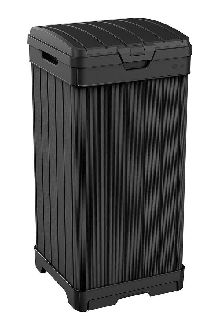 Keter Baltimore Resin 38 Gallon Outdoor Kitchen Trash Can with Lid and Drip Tray for Easy Cleaning-Perfect for Patio Dining, Black
