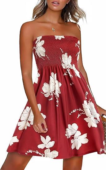 CHICGAL Summer Dresses for Women Beach Cover Ups Strapless Boho Floral Print Sundress, Size: M