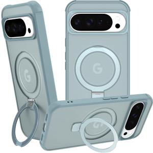 Magnetic Compatible with Google Pixel 10 & Pixel 10 Pro Case with Stand [Military Grade Drop Tested][Compatible with Magnet] Ring Translucent Slim Hard Back Soft Edge, Teal Green