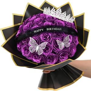 Waipfaru Glitter Roses Bouquet,Birthday Gifts for Women Mom,DIY Fake Flowers Bouquet with Birthday Stand-Up Signs,36 Purple Rose for Grandma Wife Friends