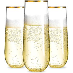 N9R 36PCS Plastic Champagne Flutes, 9 Oz Stemless Disposable Gold Rim Toasting Glasses, Crystal Clear Cocktail Cups Drinkware Shatterproof Ideal for Party Wedding Birthday, 36 Count