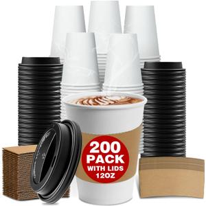 Charmount [200 Set] 12 oz Thickened Disposable Paper Coffee Cups with Lids and Sleeves,To Go Cups for Hot & Cold Beverages Tea Hot Chocolate (EXP 09/03/26)