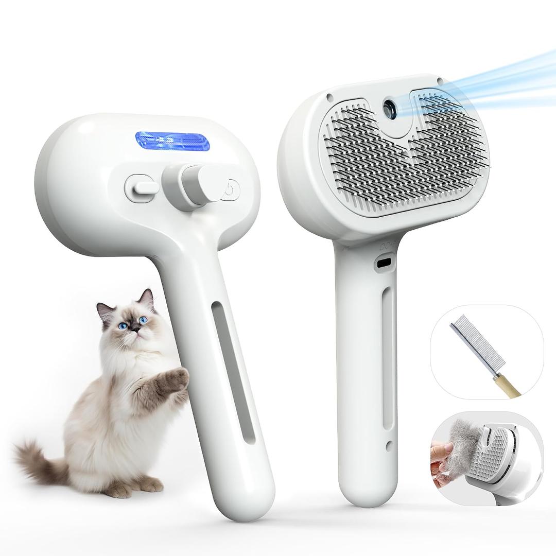 2 x Pet Grooming Brush with Electronic Mist Spray - Gentle Deshedding Tool for Cats & Dogs, Pet Steam Brush，Reduces Shedding, Soft Bristles, Promotes Healthy Coat-Comes with a hair smoothing comb-White