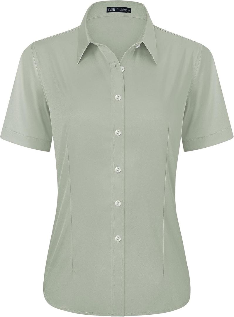 J.VER Womens Button Down Shirts Stretch Wrinkle Free Formal Short Sleeve Dress Shirt Summer Work Blouses Business Casual Tops (X-Large, Avocado Green)