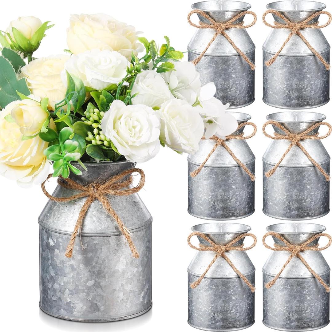Domensi 6 Pcs Farmhouse Metal Flower Vase Wedding Decor Bulk Rustic Galvanized Milk Can Jug Vase with Bow Flower Bucket for Table Centerpiece Valentine Home (5.12 Inch,Iron Color)