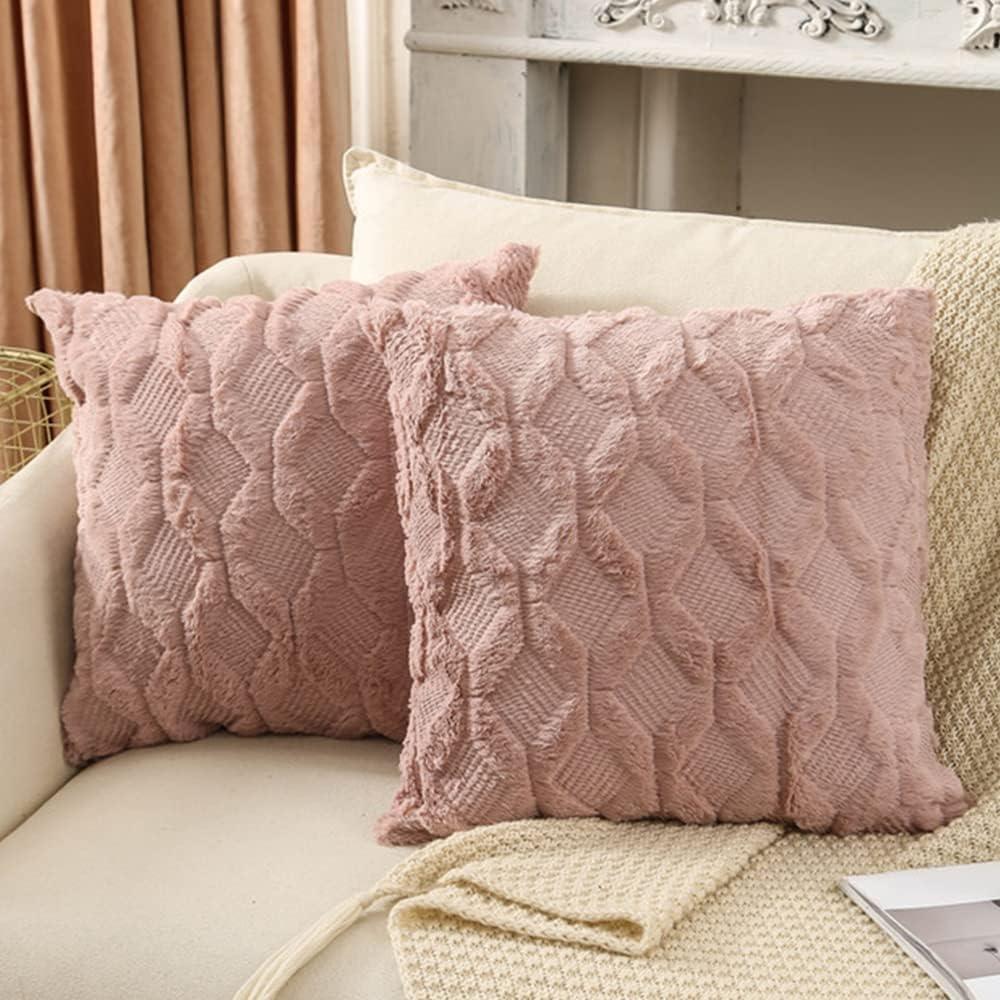 Fancy Homi 
Set of 2 Decorative Throw Pillow Covers 16x16 Inch Soft Plush Short Wool Velvet Square Pillow Case Pink Cushion Cover for Couch Sofa Bedroom Outdoor (16"X16", Pink)