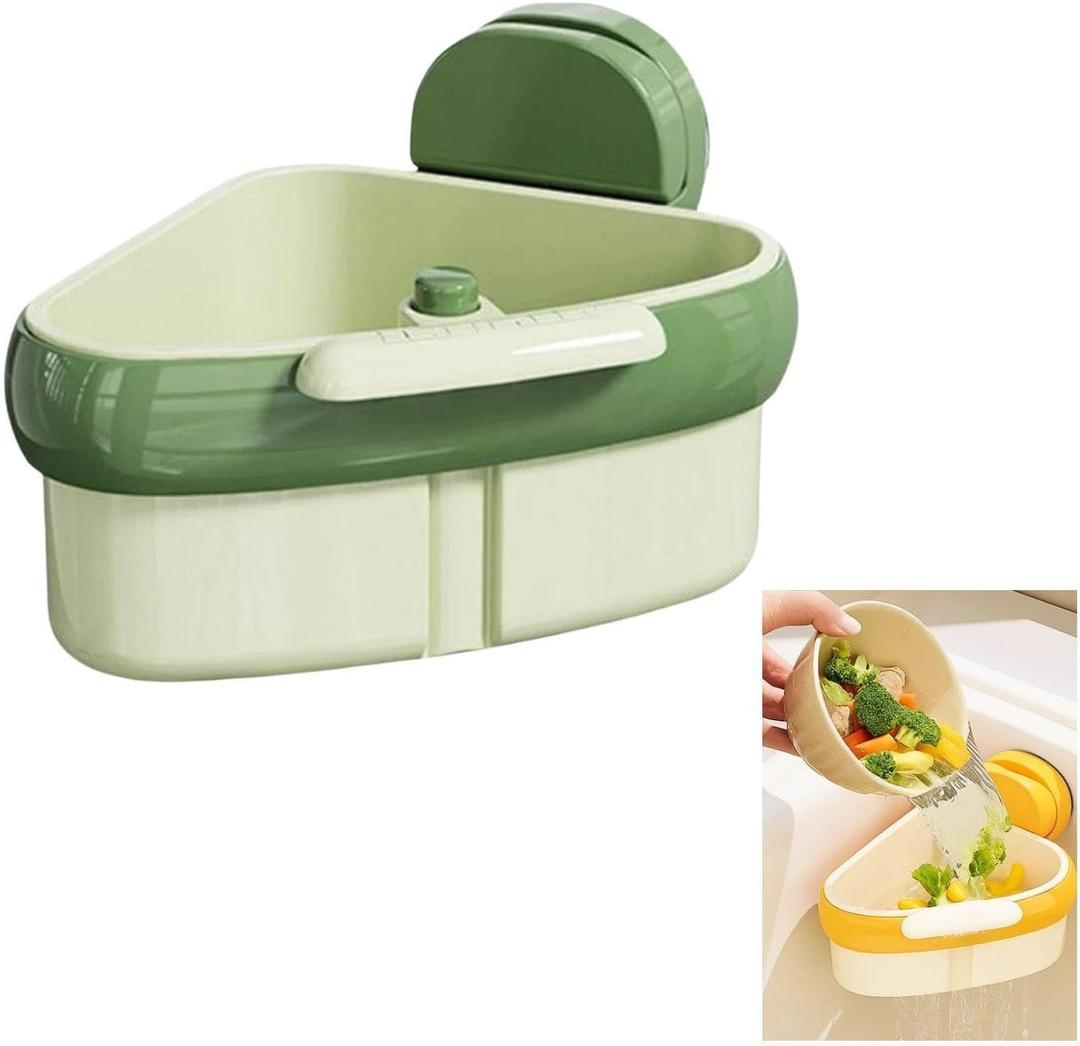 2025 Upgraded Suction Cup Sink Corner Strainer  Hangable Kitchen Sink Drain with Hanging Sink Drain Basket, Food Waste Catcher & Sink Food Catcher Basket, Kitchen Sink Food Waste Catcher (Green)