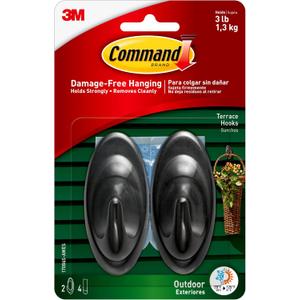 Command Outdoor Terrace Hooks, 2 Hooks and 4 Command Strips, Damage Free Hanging Wall Hooks for Hanging Outdoor Wall Decor with Weather Resistant Strips, Holds up to 3 lb