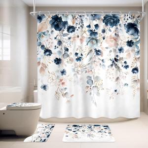 4 PCS Navy Blue Floral Flower Shower Curtain Set 72Wx72H Inch Watercolor Pastel Plant Complete Bathroom Set Non-Slip Bath Rug Toilet Lid Cover and U Shape Mat Accessories 12 Hooks Bathoom Decor