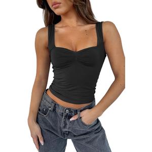 TiulZial Women's Sleeveless Backless Crop Tank Top Sexy Pleated Bustier Sweetheart Neck Strappy Y2K Cami Cropped Tops (Black, M)