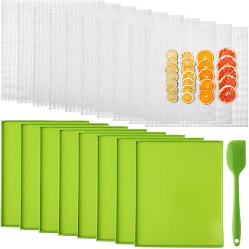 Thenshop 8 Silicone Dehydrator Mats & 10 Mesh Dryer Mats and 1 Baking Scraper, Reusable Non Stick Silicone Dehydrator Tray with Edge for Baking Fruits Meat Vegetables(Green)