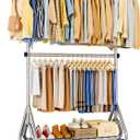 Heavy Duty Clothes Rack for Hanging Clothes, Double Rods Clothing Rack with Lockable Wheels, Rolling Garment Racks with Shelf, Easy to Assemble, Silver