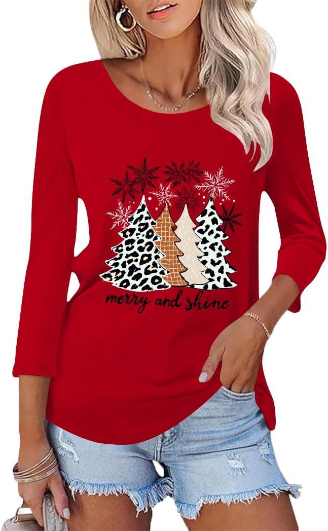 Tobrief Christmas Shirts for Women 3/4 Sleeve Graphic Tee Crew Neck Funny T Shirt Fall Holiday Tops (Small)