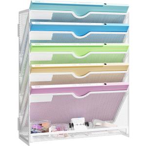 Hanging Wall File Organizer 6-Tier Wall Mount Mail Organizer & Desk Paper Organizer, Sleek White Metal File Folder Holder for Office, Cubicle, Bedroom | All-in-One Document Storage Shelf