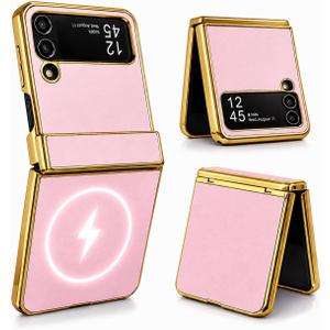 Genuine Leather Case for Samsung Galaxy Z Flip 3, MagSafe Compatible Slim Cover with Hinge Protection, Military-Grade Drop Protection, Free Magnetic Grip Holder, Gold Trim (Pink)