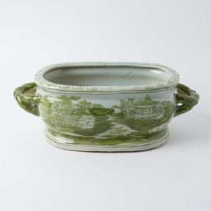 JINDEZHEN Vintage Blue and White Flower & Birds Porcelain Footbath Planter Chinoiserie Scenery Motif Ceramic Flower Pot (Green)