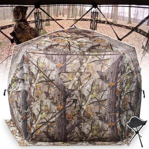 Extra Large Hunting Blind 4 Person with Portable Hunting Chair, 288/360 Degree See Through Pop up Ground Blinds for Deer Turkey Duck Hunting, Bow Hunting Adjust Windows with Silent Zipper
