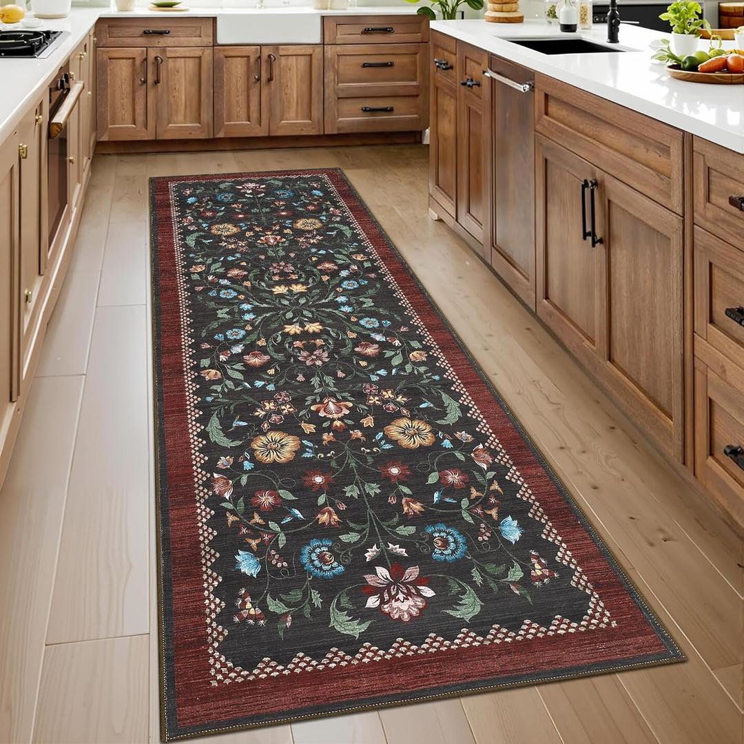 GarveeHome Floral Rug 2x6 Runners for Hallways, Boho Kitchen Runner Rugs Non Slip Bath Runners, Vintage Washable Runner Rug for Bedroom, Soft Long Rugs for Entryway Bathroom Laundry Dorm, Red