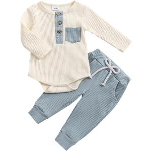 fhutpw Baby Boy Clothes 3 6 12 18 Months Ribbed Knitted Long Sleeve Romper and Pants Sets Newborn Fall Splicing Color Outfits (White&Blue, 6-12 Months)