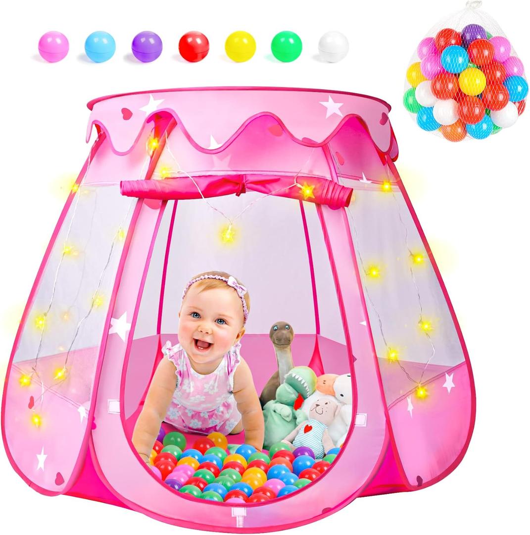 DISHIO Ball Pits with 50 Balls, Pop up Tents for Kids with Star Lights, Ball Pit for Toddlers, Princess Tent Toy for 1,2,3 yrs Birthday Gifts for Girls, Easy to Assemble and Store (50 Balls Included)