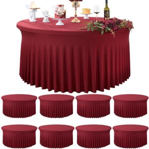 8 Pack Burgundy Spandex Round Tablecloths for 60 Inch Tables, Stretchy 120 Inch Fitted 5FT Maroon Cloths, Wrinkle-Free Cover With Skirt for Wedding Party Dining Banquet
